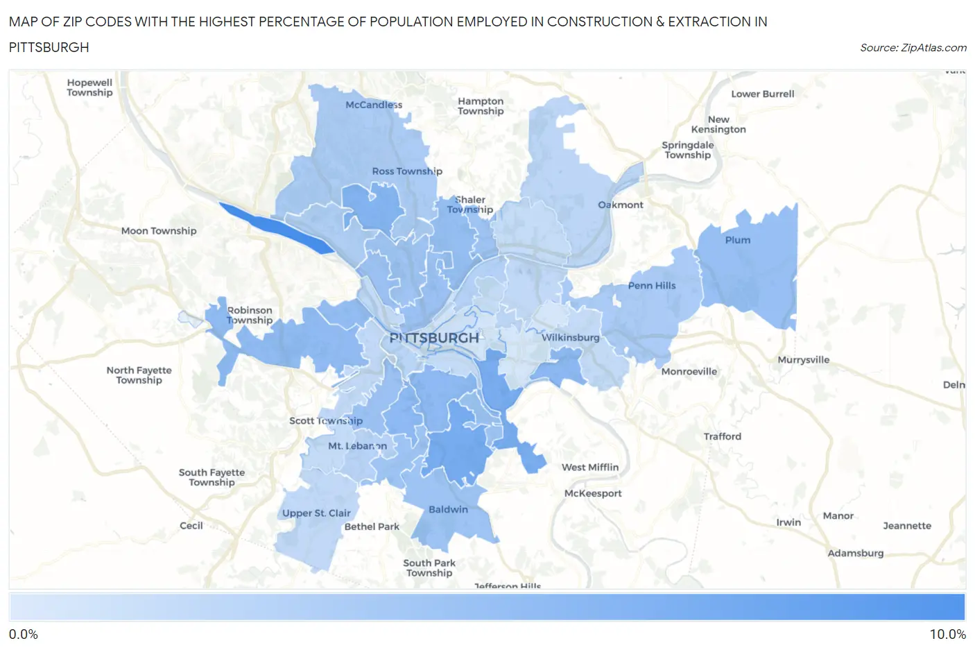 Zip Codes with the Highest Percentage of Population Employed in Construction & Extraction in Pittsburgh Map