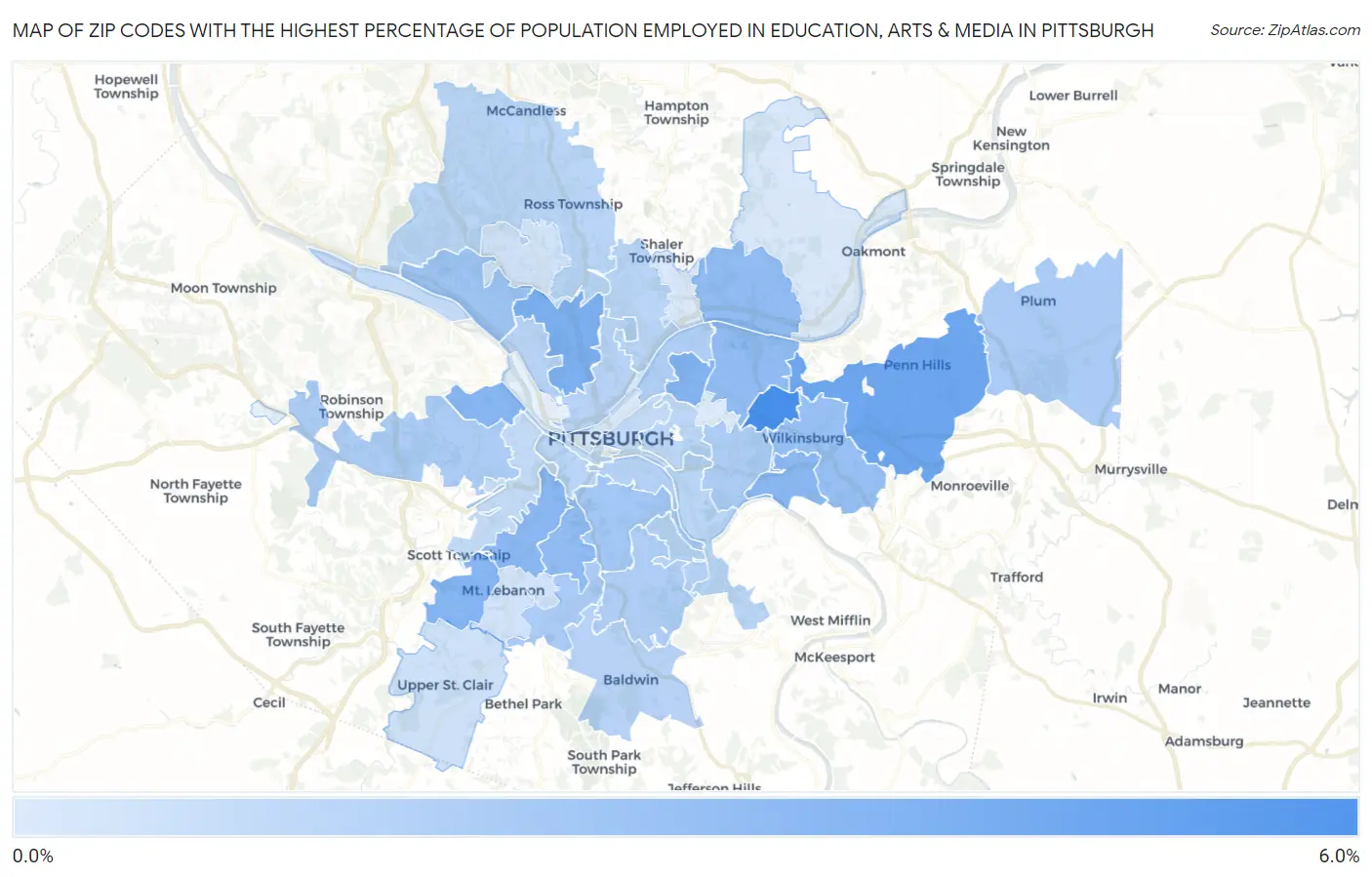 Zip Codes with the Highest Percentage of Population Employed in Education, Arts & Media in Pittsburgh Map