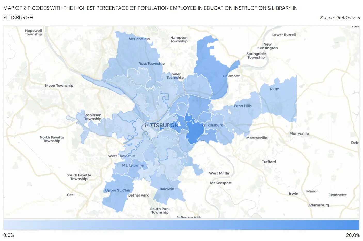 Zip Codes with the Highest Percentage of Population Employed in Education Instruction & Library in Pittsburgh Map