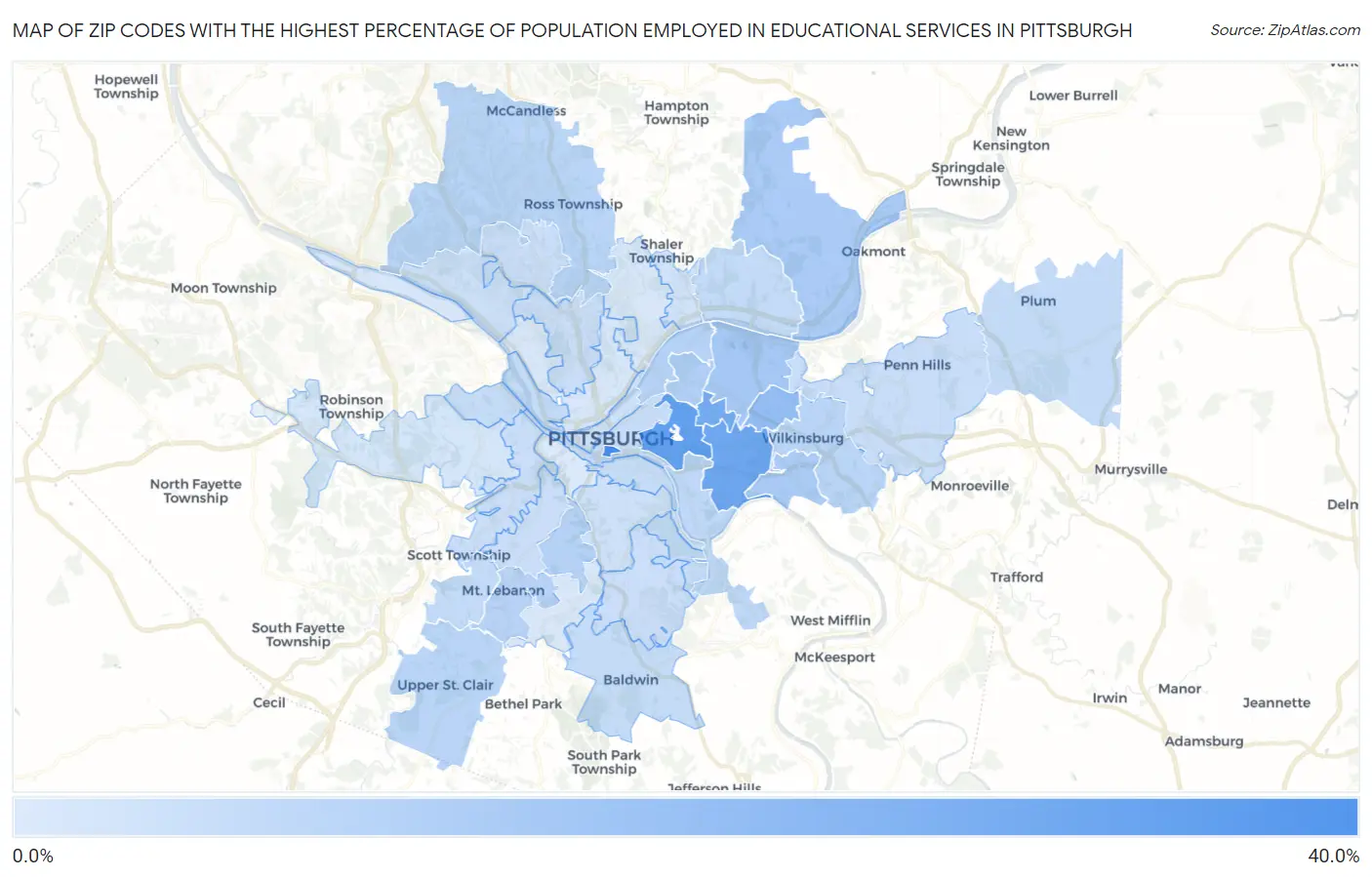 Zip Codes with the Highest Percentage of Population Employed in Educational Services in Pittsburgh Map