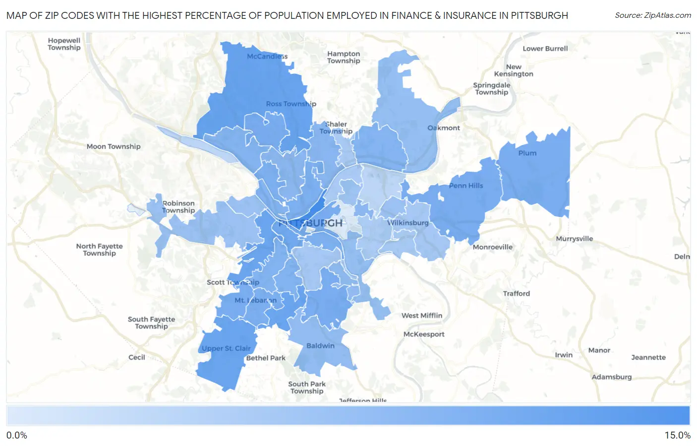 Zip Codes with the Highest Percentage of Population Employed in Finance & Insurance in Pittsburgh Map