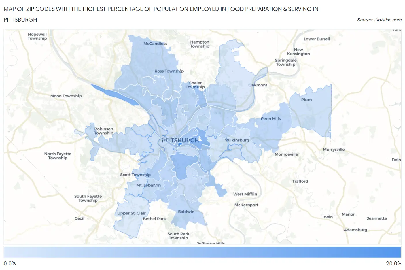 Zip Codes with the Highest Percentage of Population Employed in Food Preparation & Serving in Pittsburgh Map