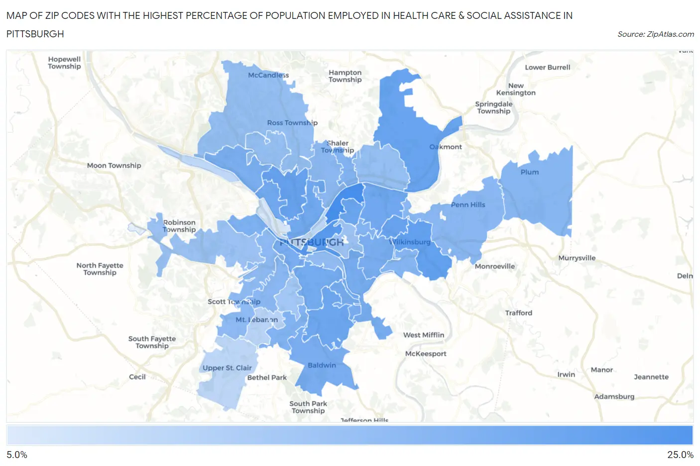 Zip Codes with the Highest Percentage of Population Employed in Health Care & Social Assistance in Pittsburgh Map