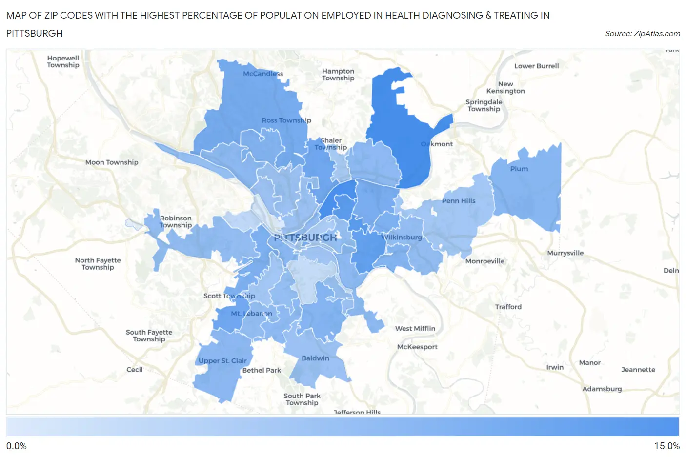 Zip Codes with the Highest Percentage of Population Employed in Health Diagnosing & Treating in Pittsburgh Map