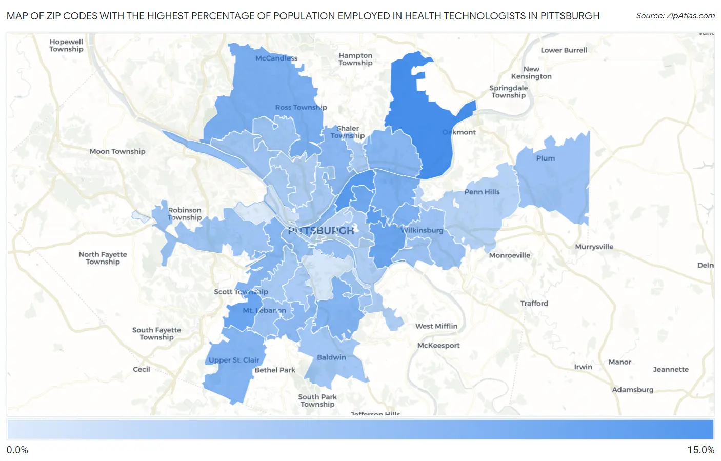 Zip Codes with the Highest Percentage of Population Employed in Health Technologists in Pittsburgh Map