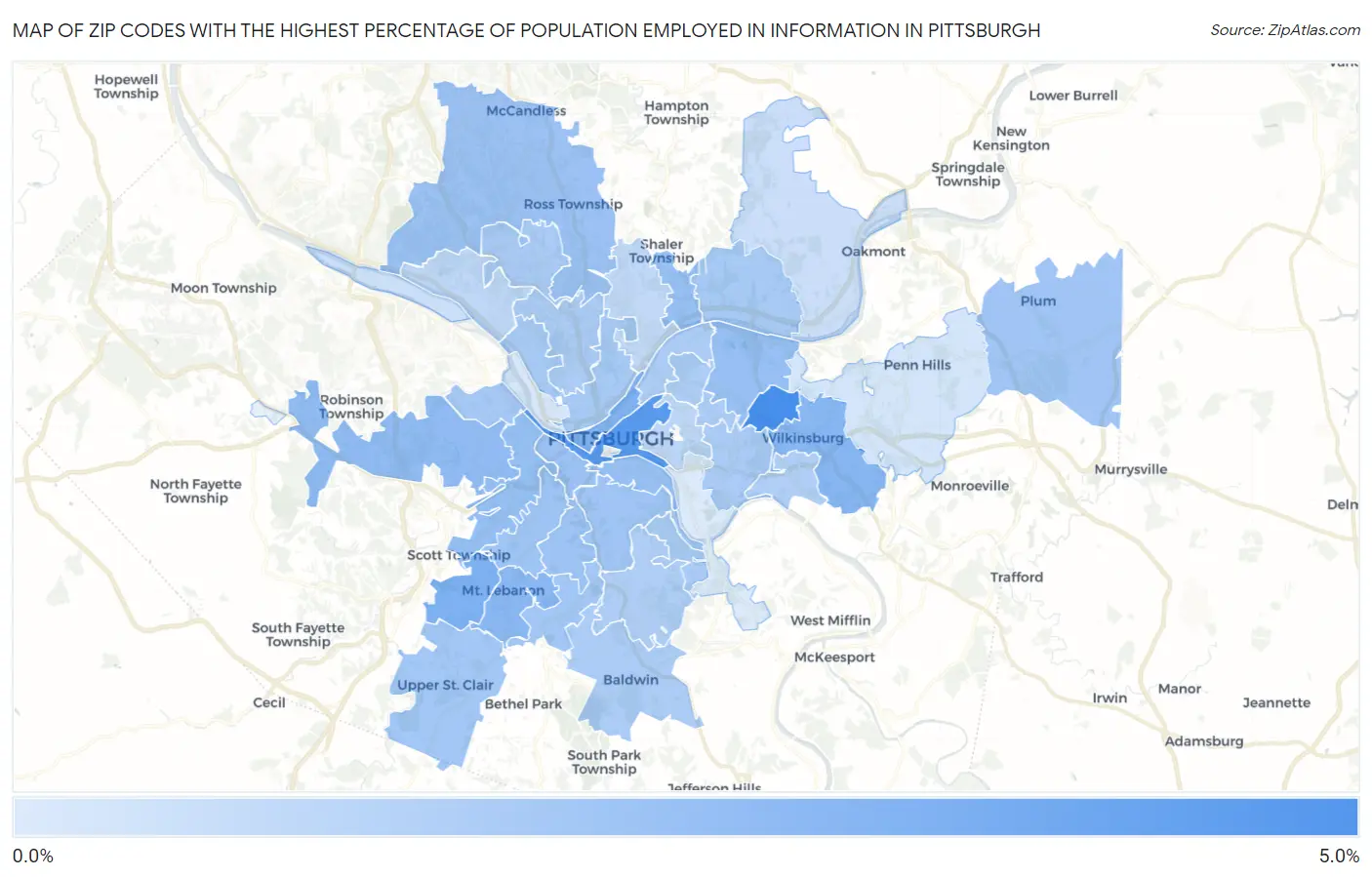Zip Codes with the Highest Percentage of Population Employed in Information in Pittsburgh Map