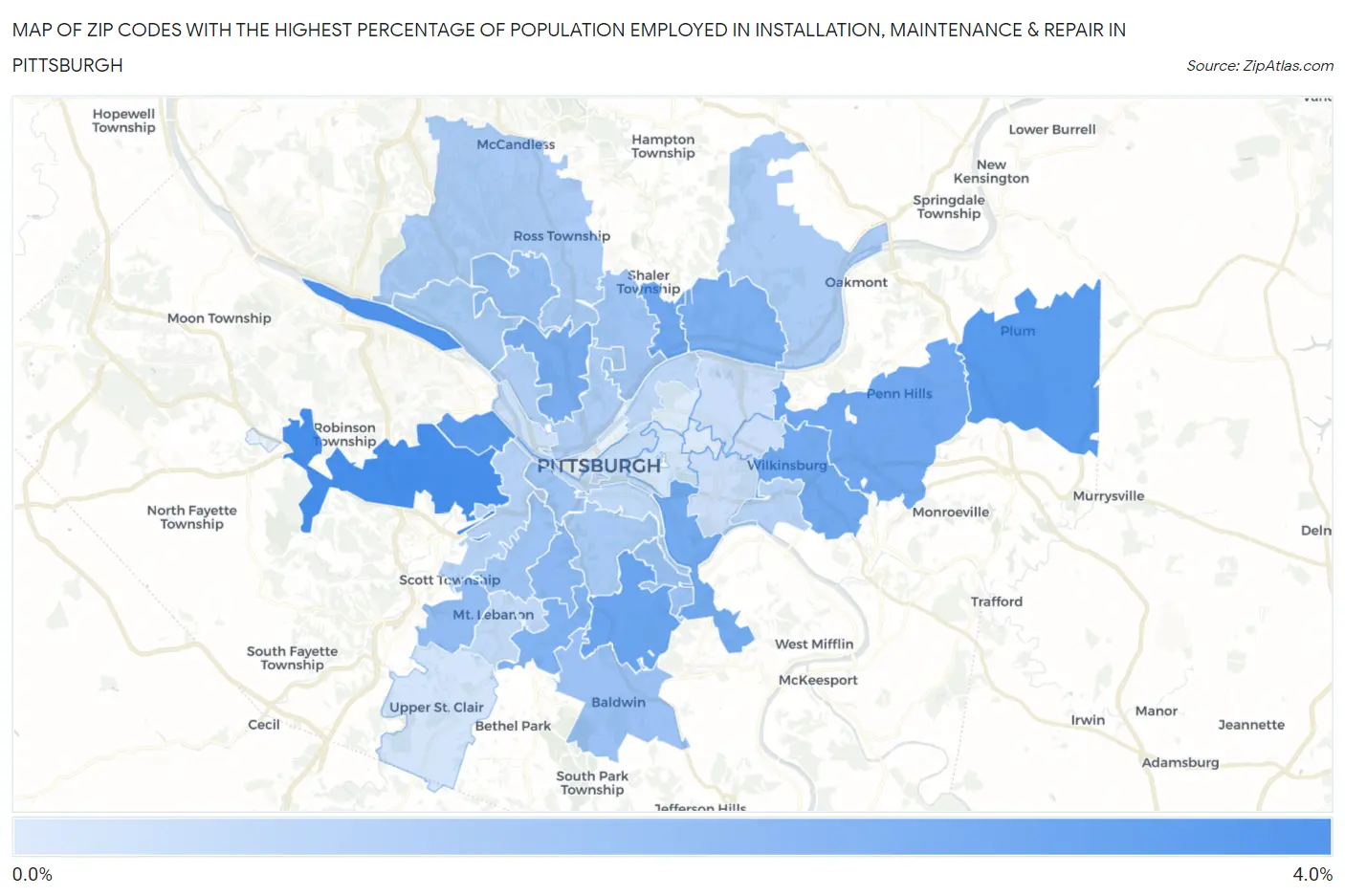 Zip Codes with the Highest Percentage of Population Employed in Installation, Maintenance & Repair in Pittsburgh Map