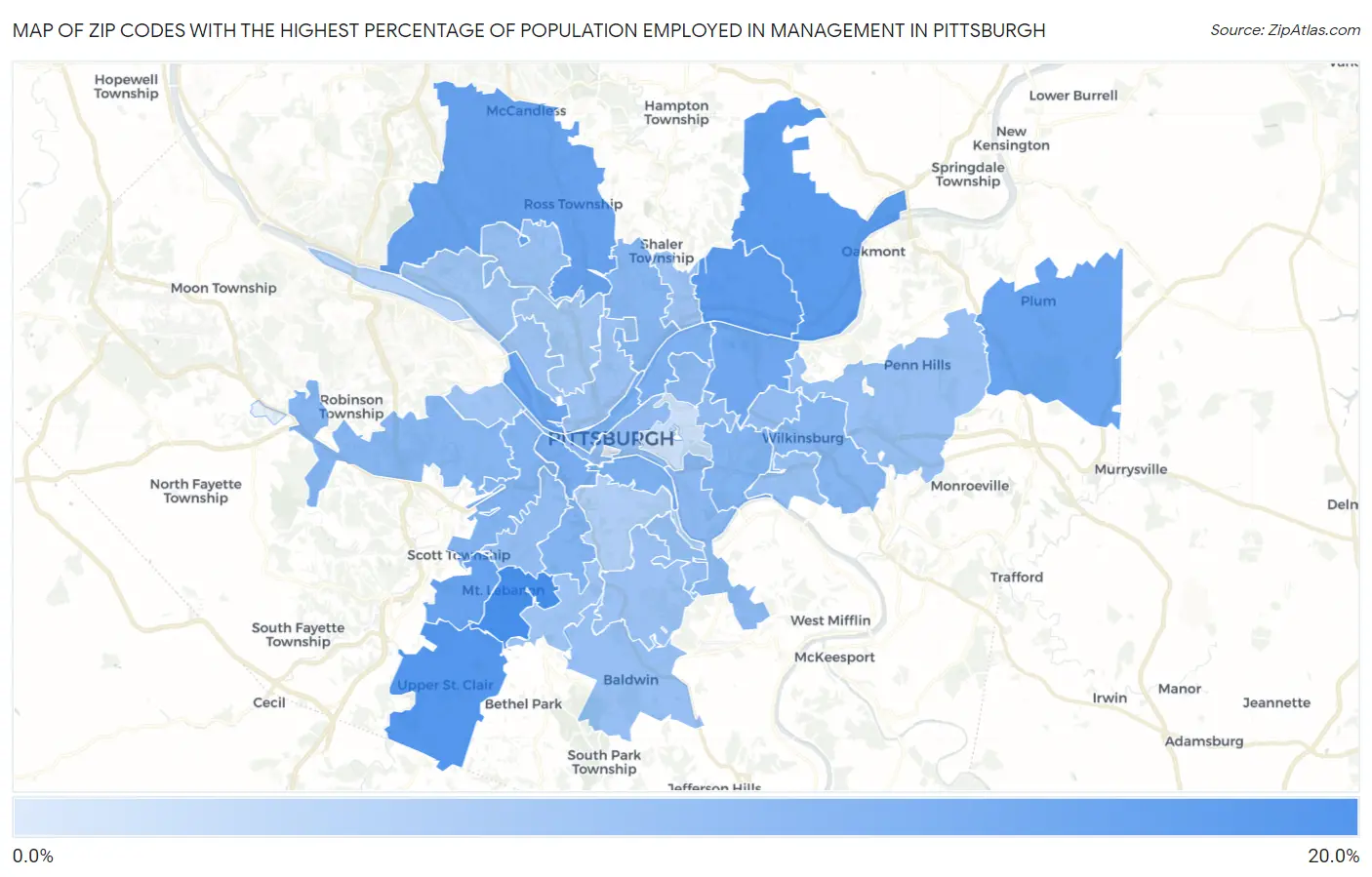 Zip Codes with the Highest Percentage of Population Employed in Management in Pittsburgh Map