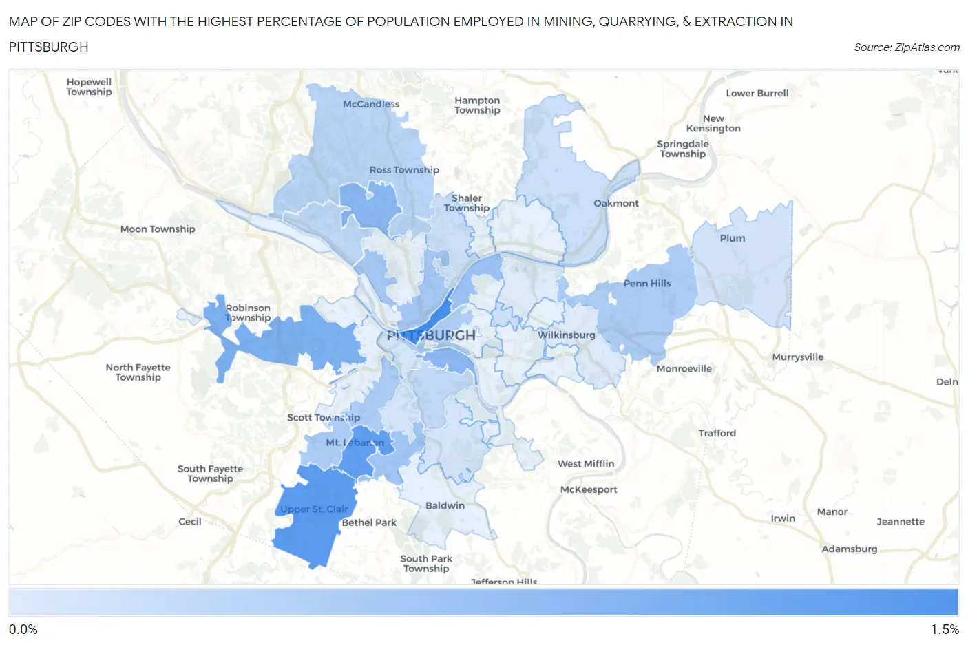Zip Codes with the Highest Percentage of Population Employed in Mining, Quarrying, & Extraction in Pittsburgh Map