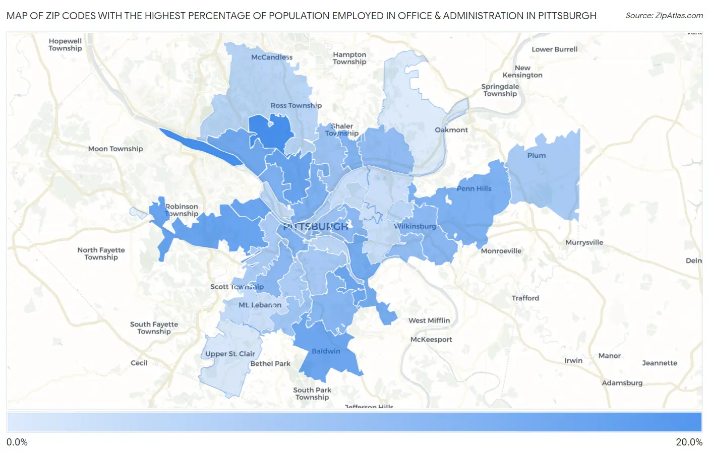 Zip Codes with the Highest Percentage of Population Employed in Office & Administration in Pittsburgh Map