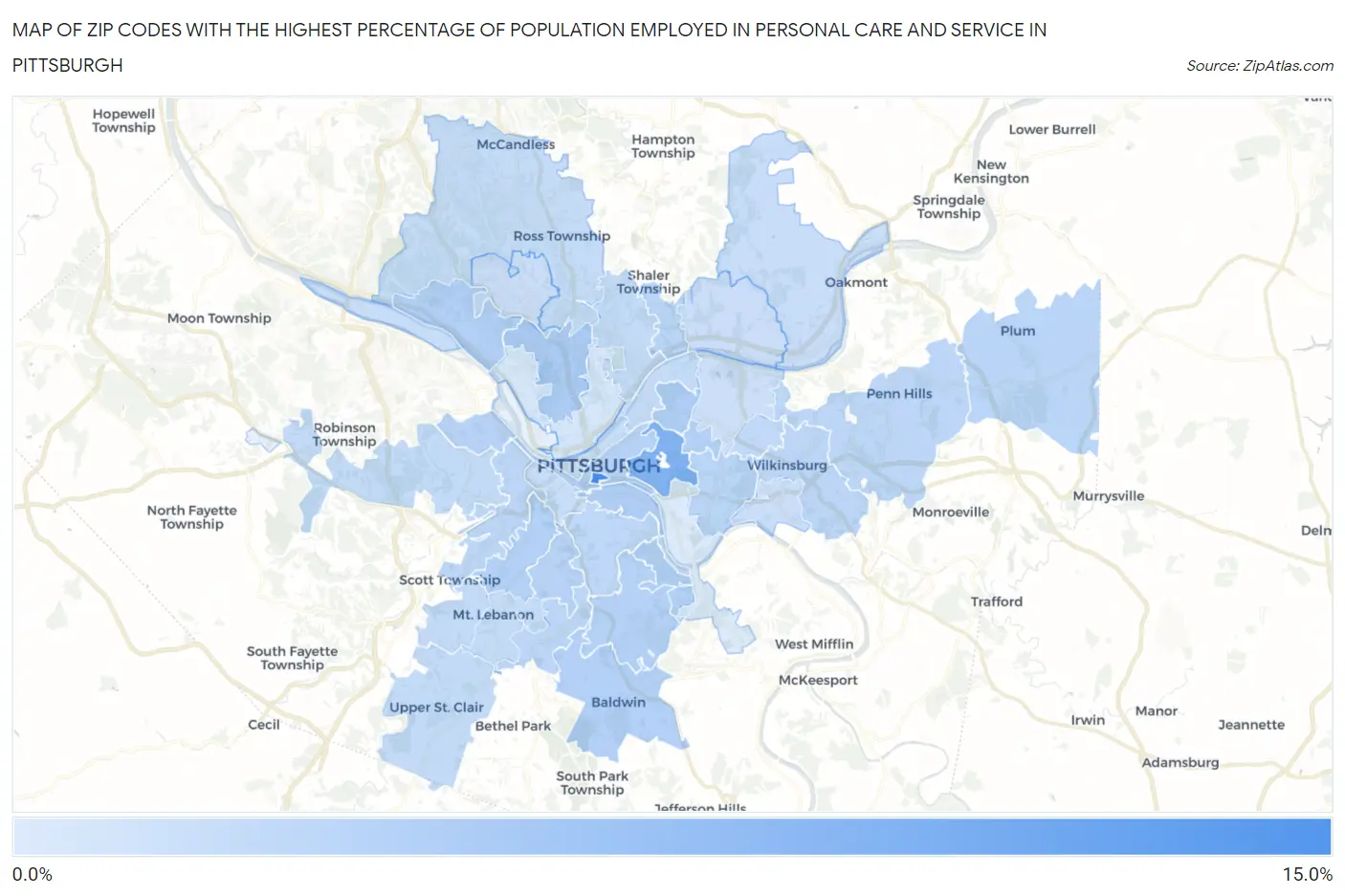 Zip Codes with the Highest Percentage of Population Employed in Personal Care and Service in Pittsburgh Map