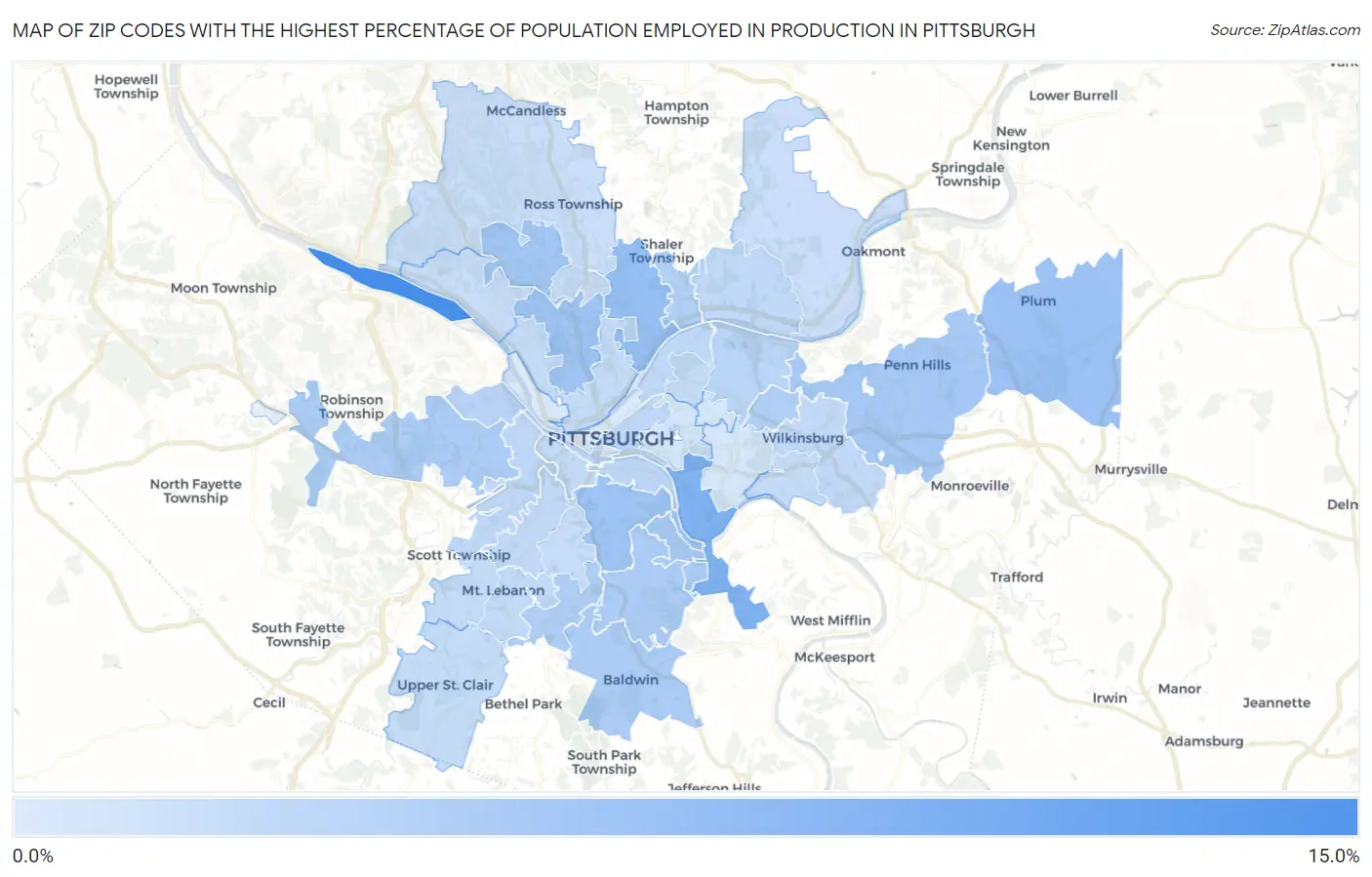 Zip Codes with the Highest Percentage of Population Employed in Production in Pittsburgh Map