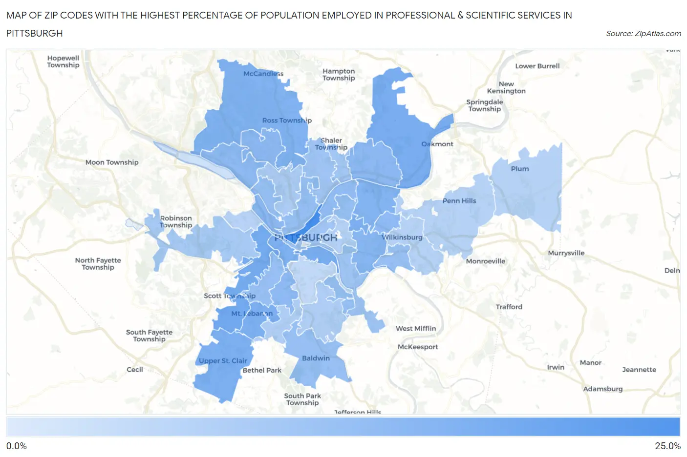 Zip Codes with the Highest Percentage of Population Employed in Professional & Scientific Services in Pittsburgh Map