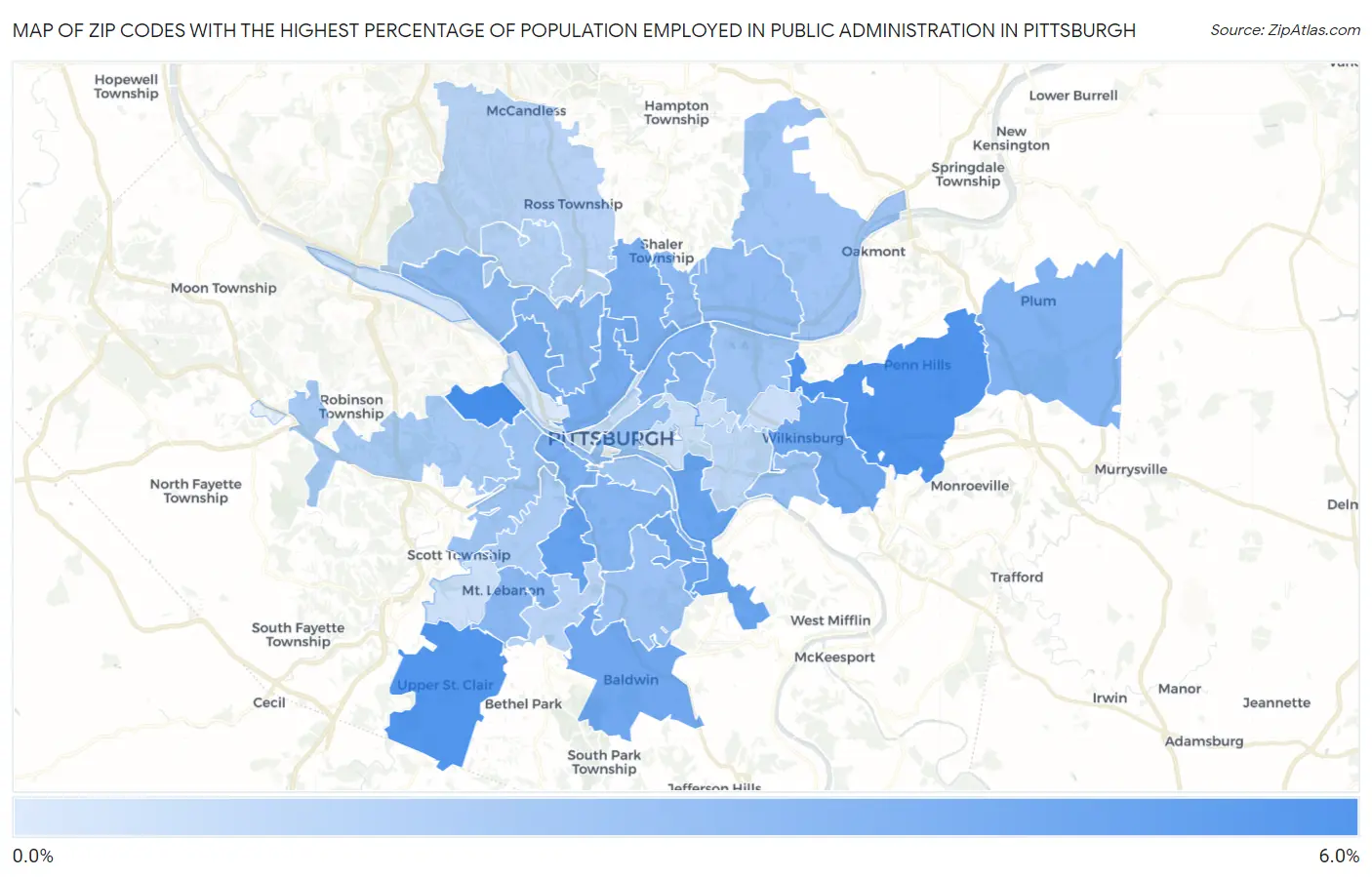 Zip Codes with the Highest Percentage of Population Employed in Public Administration in Pittsburgh Map