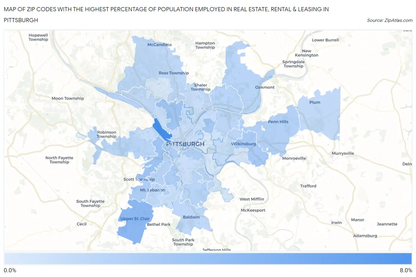Zip Codes with the Highest Percentage of Population Employed in Real Estate, Rental & Leasing in Pittsburgh Map