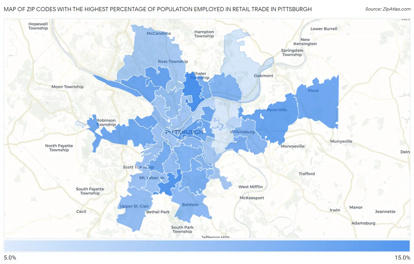 Zip Codes with the Highest Percentage of Population Employed in Retail Trade in Pittsburgh Map