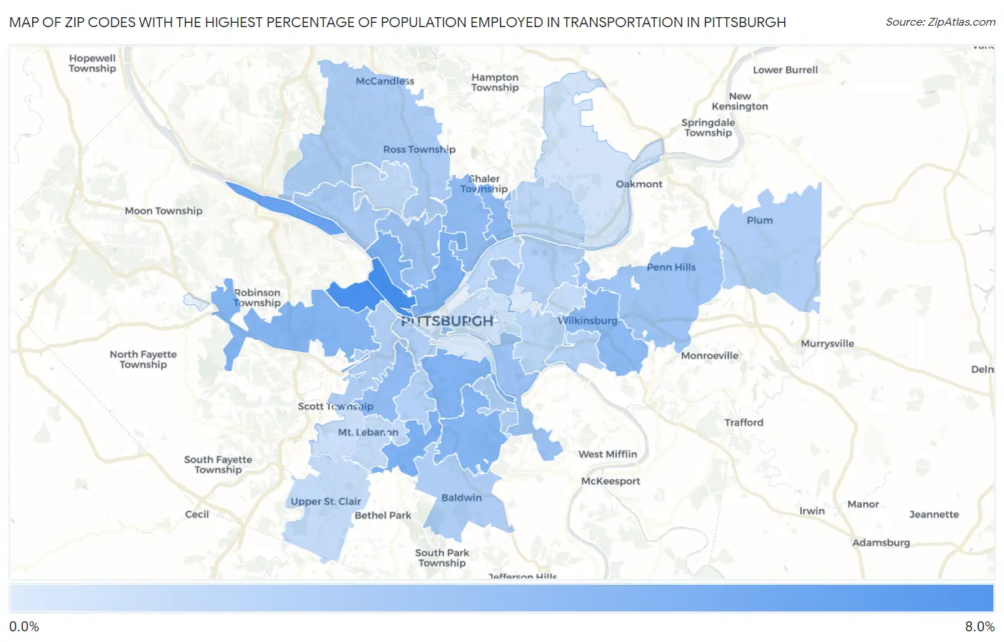 Zip Codes with the Highest Percentage of Population Employed in Transportation in Pittsburgh Map