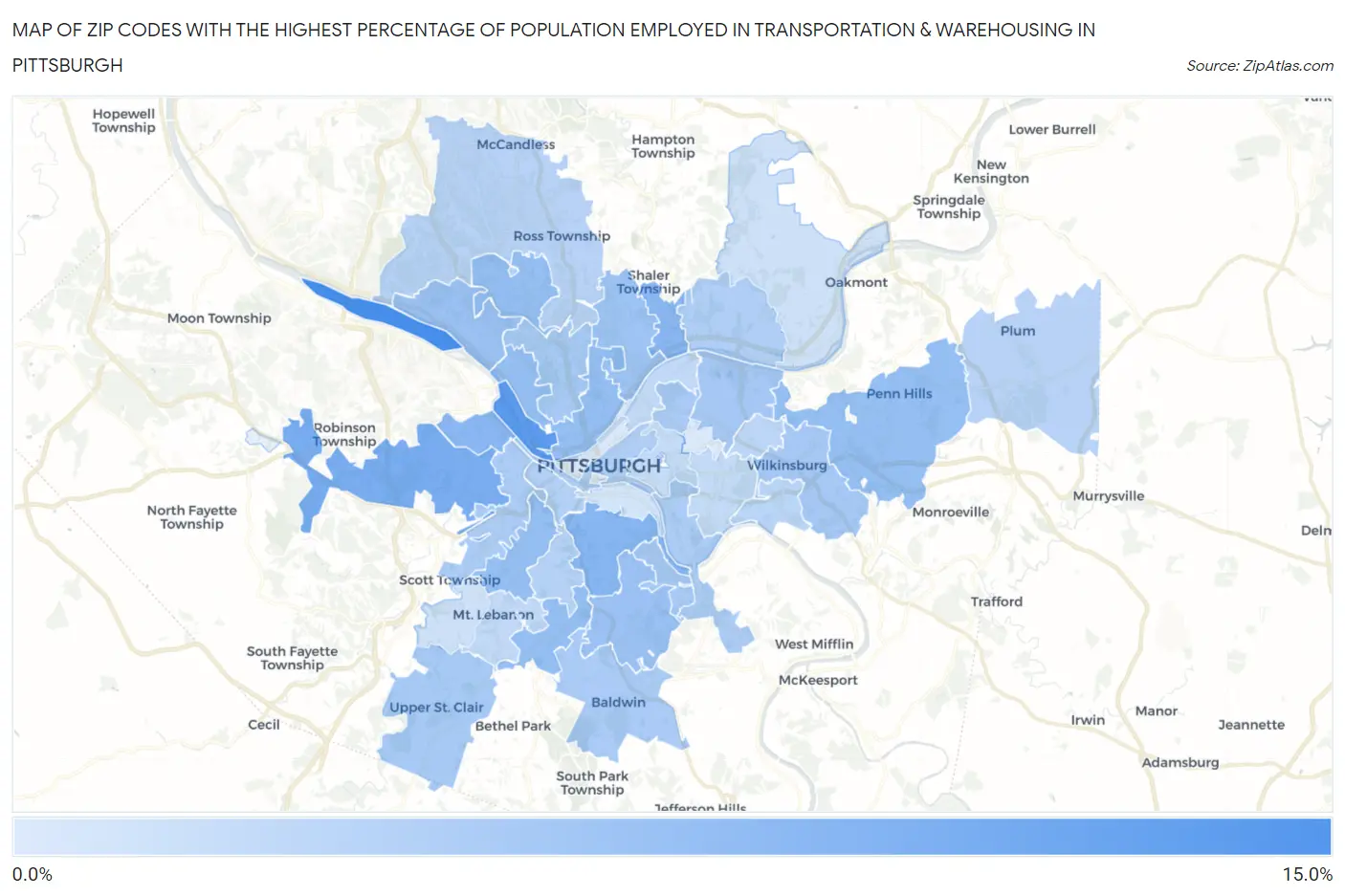 Zip Codes with the Highest Percentage of Population Employed in Transportation & Warehousing in Pittsburgh Map