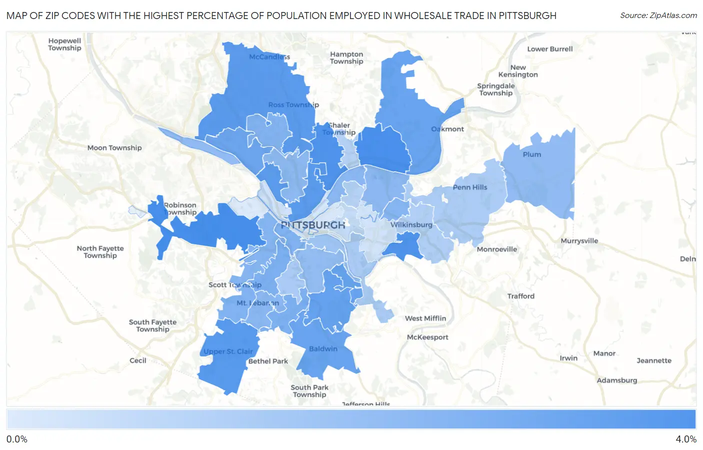 Zip Codes with the Highest Percentage of Population Employed in Wholesale Trade in Pittsburgh Map