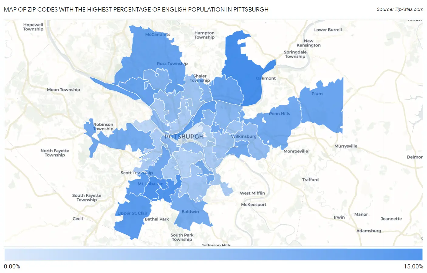 Zip Codes with the Highest Percentage of English Population in Pittsburgh Map