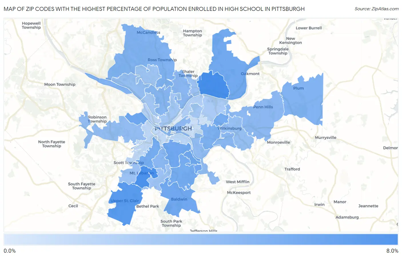 Zip Codes with the Highest Percentage of Population Enrolled in High School in Pittsburgh Map
