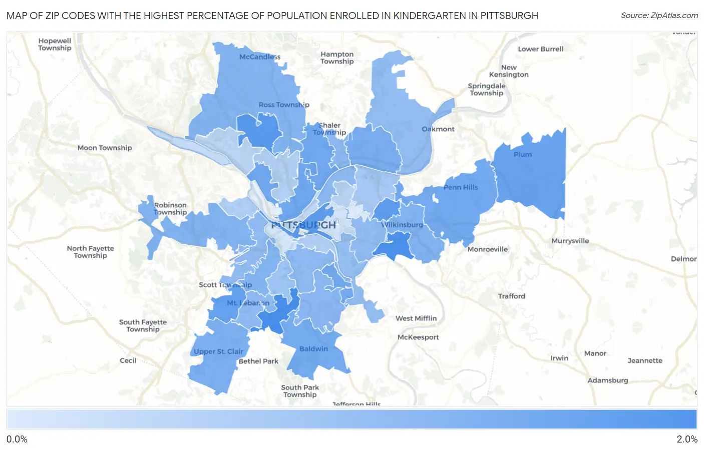 Zip Codes with the Highest Percentage of Population Enrolled in Kindergarten in Pittsburgh Map