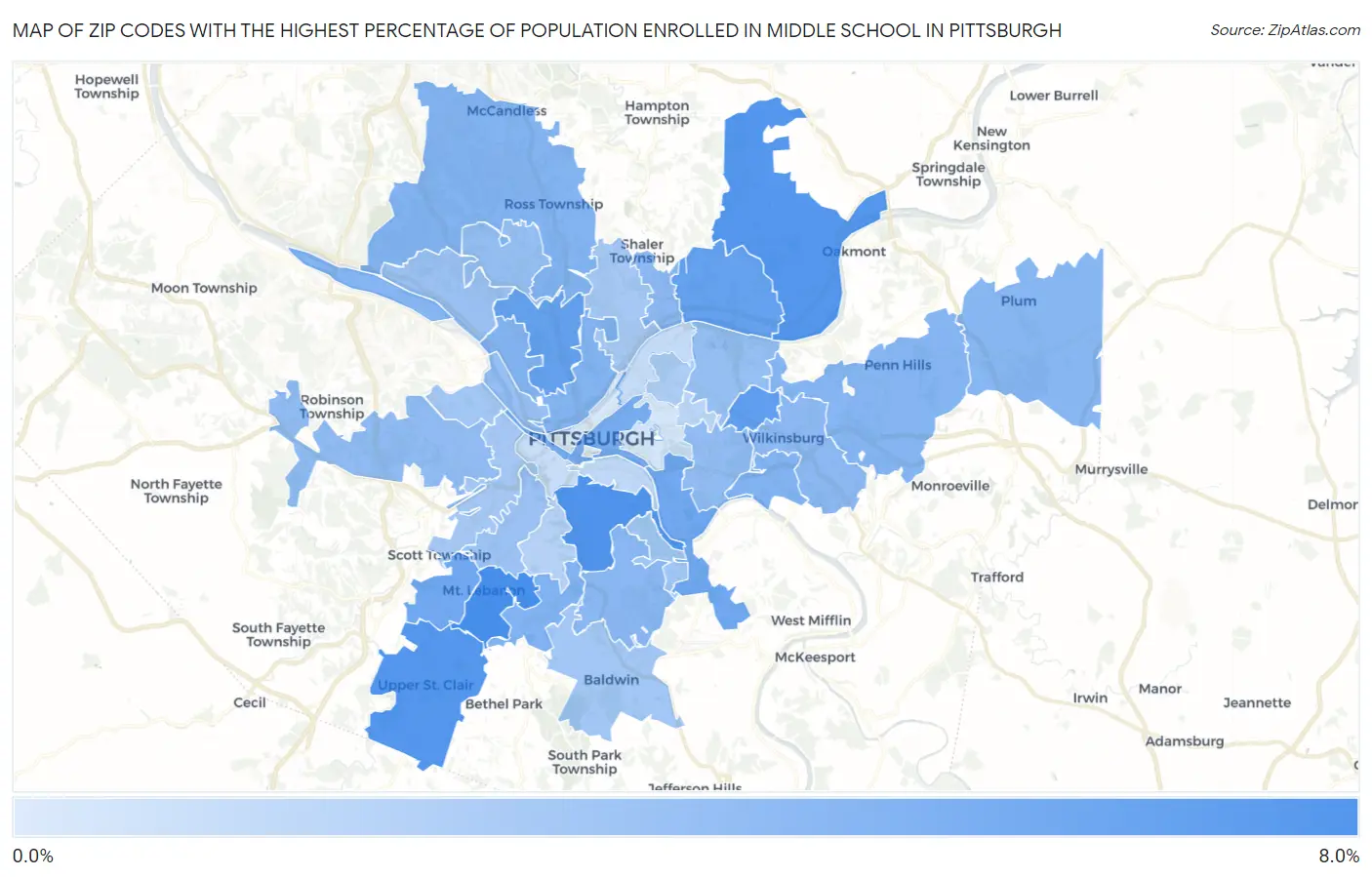 Zip Codes with the Highest Percentage of Population Enrolled in Middle School in Pittsburgh Map