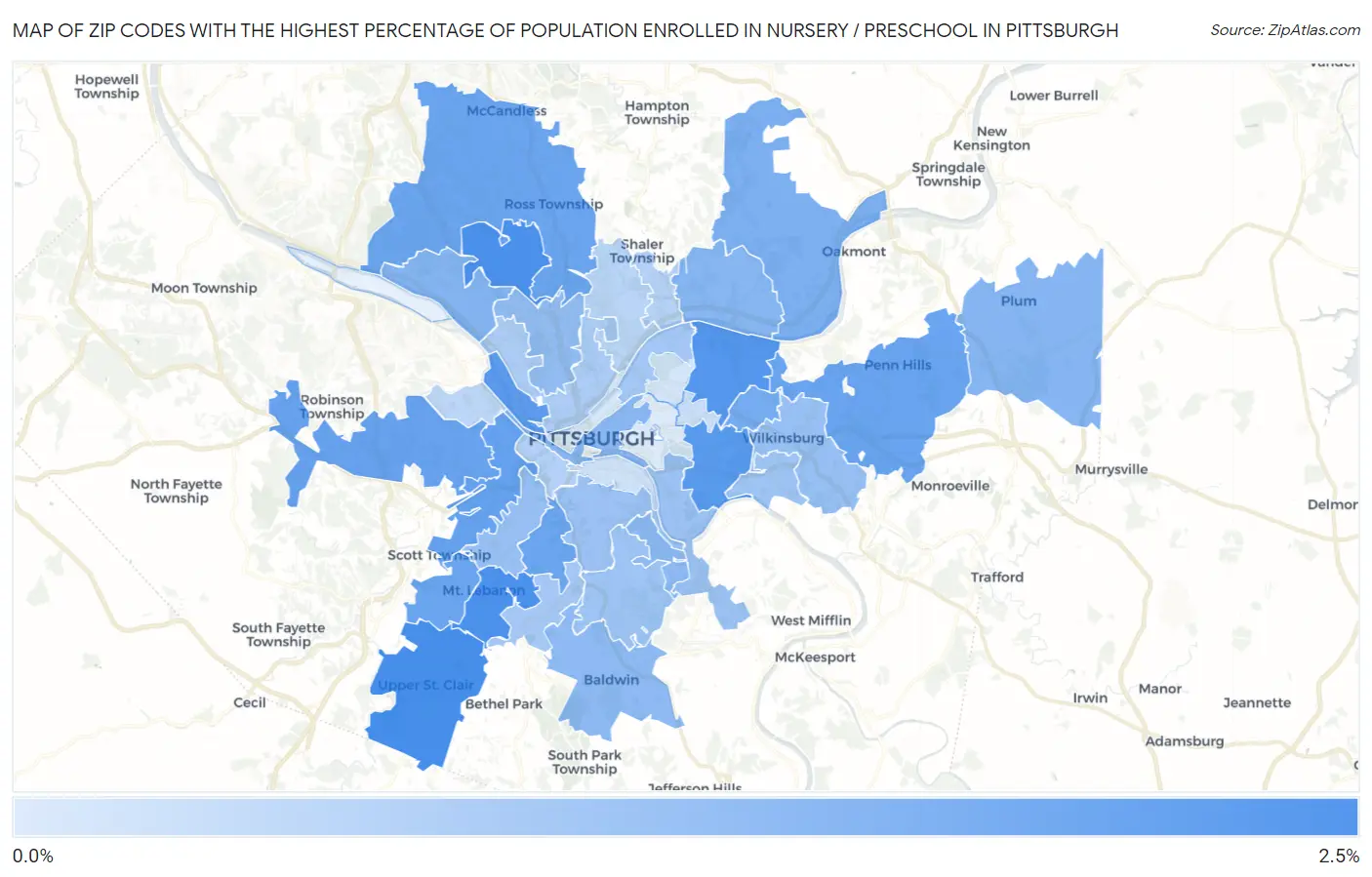 Zip Codes with the Highest Percentage of Population Enrolled in Nursery / Preschool in Pittsburgh Map