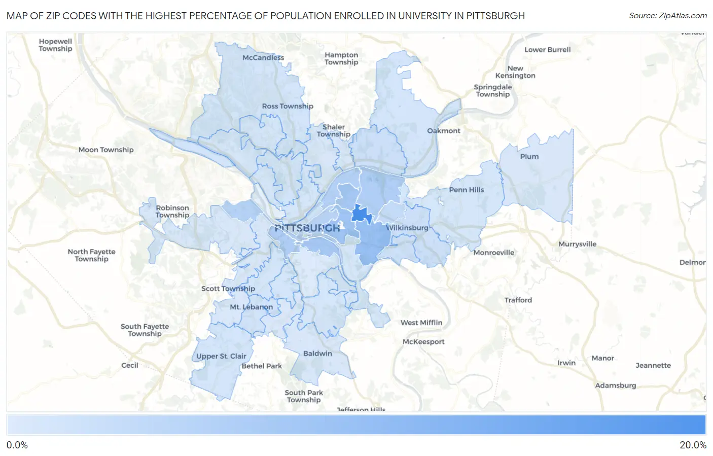 Zip Codes with the Highest Percentage of Population Enrolled in University in Pittsburgh Map