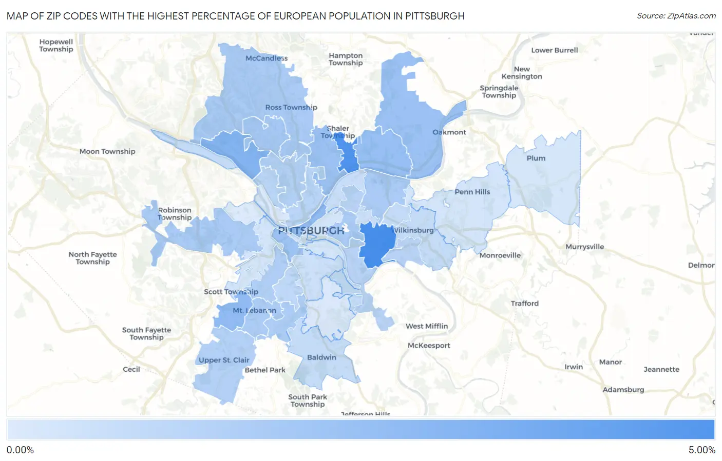Zip Codes with the Highest Percentage of European Population in Pittsburgh Map