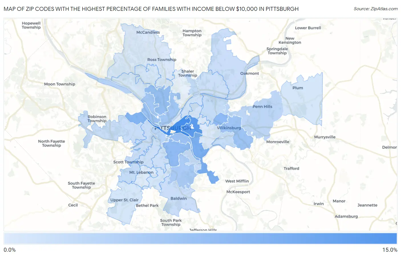 Zip Codes with the Highest Percentage of Families with Income Below $10,000 in Pittsburgh Map