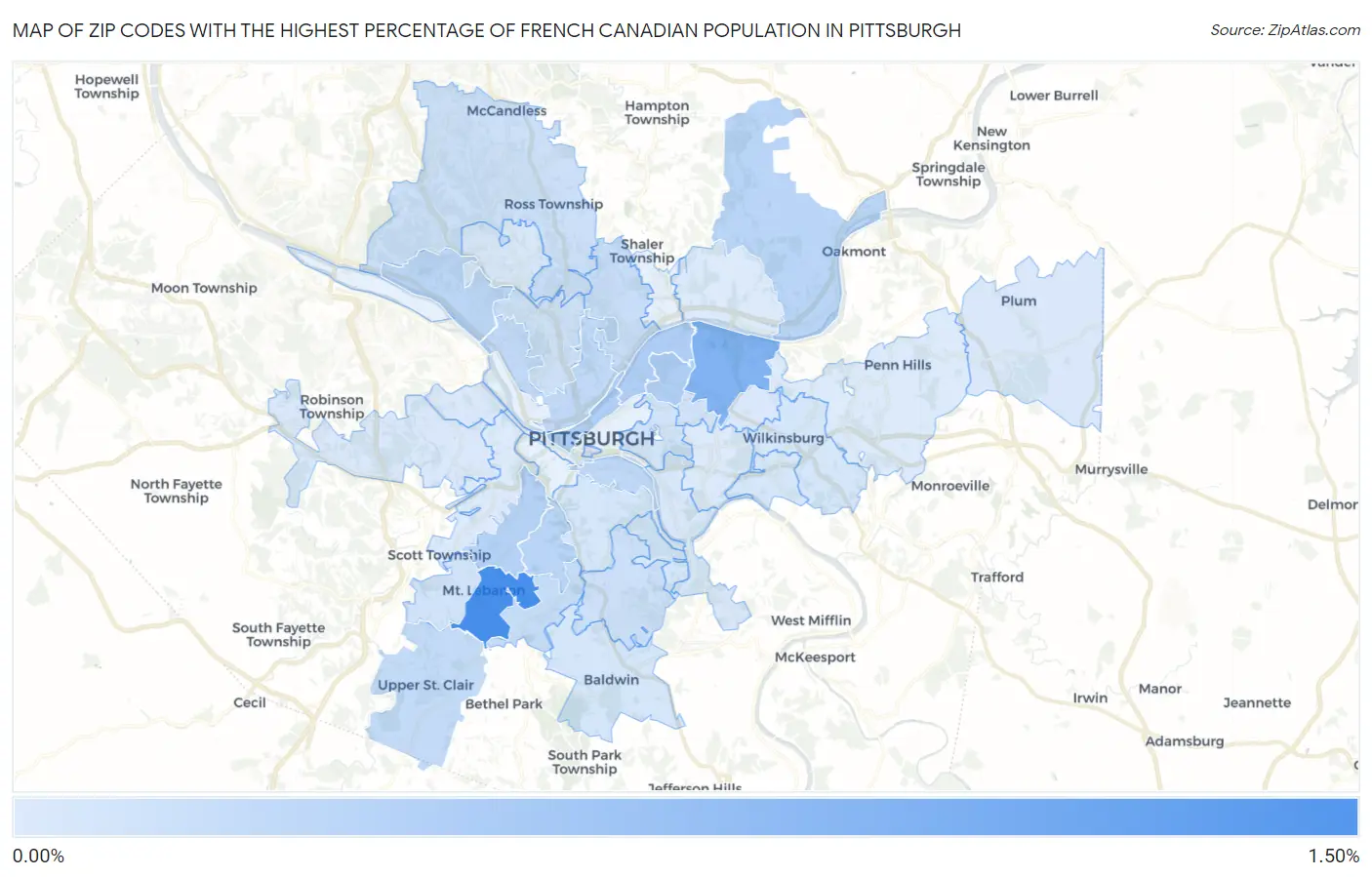 Zip Codes with the Highest Percentage of French Canadian Population in Pittsburgh Map