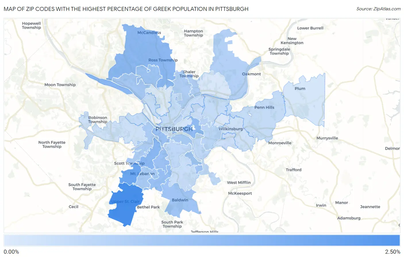 Zip Codes with the Highest Percentage of Greek Population in Pittsburgh Map