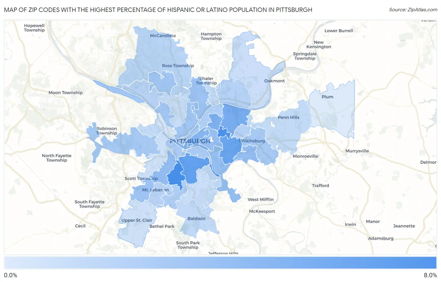 Zip Codes with the Highest Percentage of Hispanic or Latino Population in Pittsburgh Map