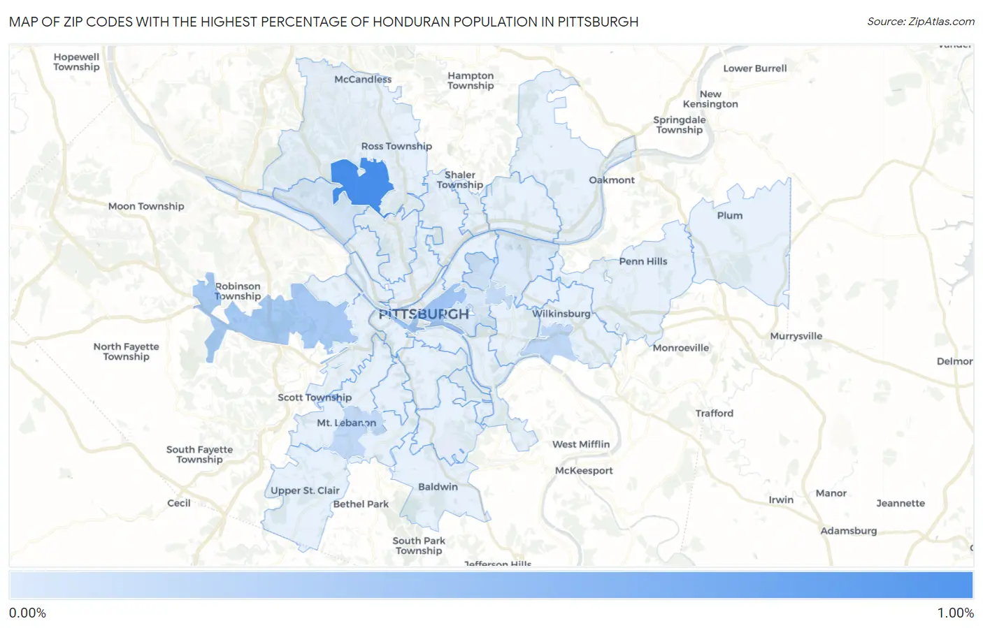 Zip Codes with the Highest Percentage of Honduran Population in Pittsburgh Map