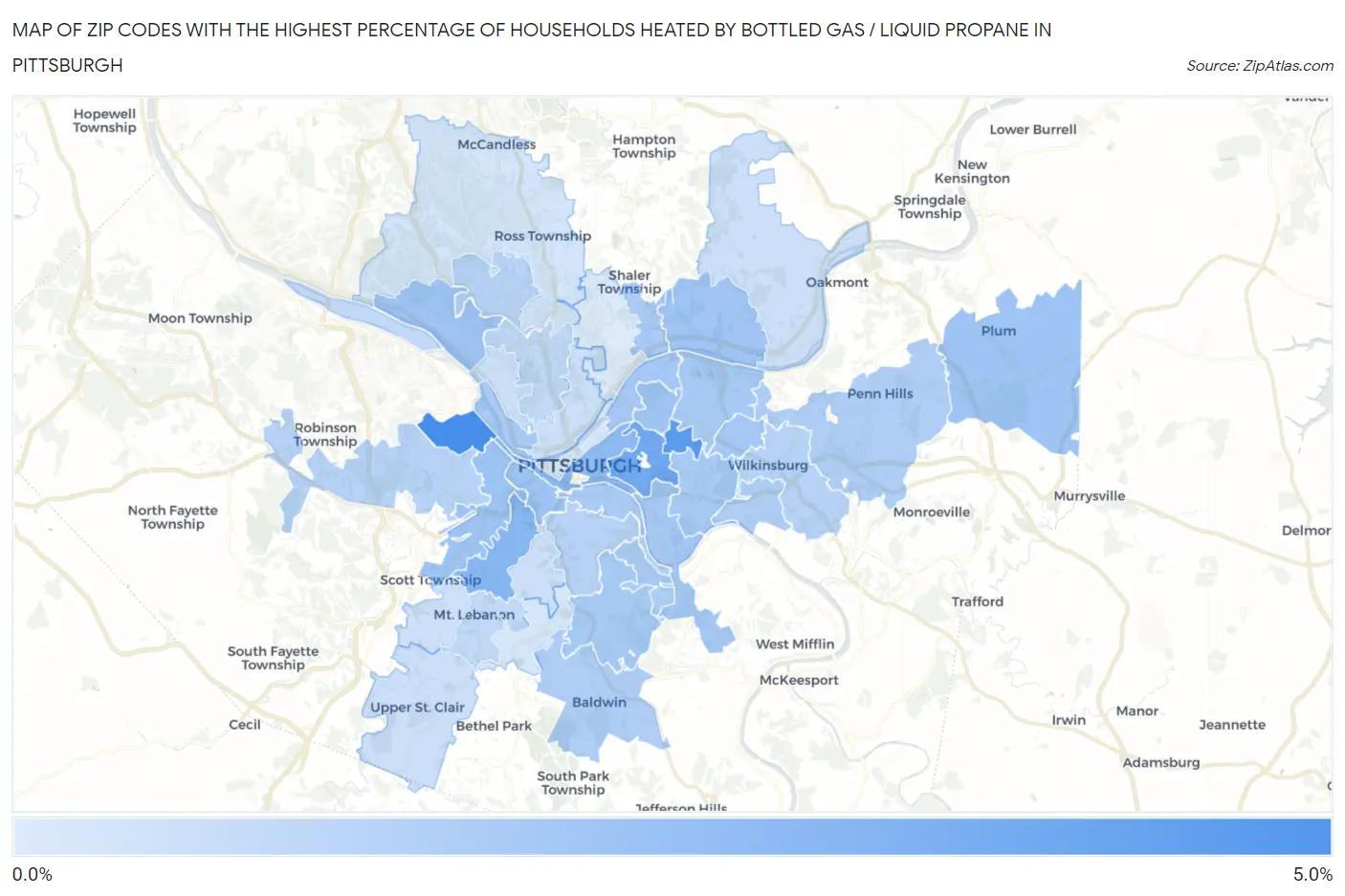 Zip Codes with the Highest Percentage of Households Heated by Bottled Gas / Liquid Propane in Pittsburgh Map