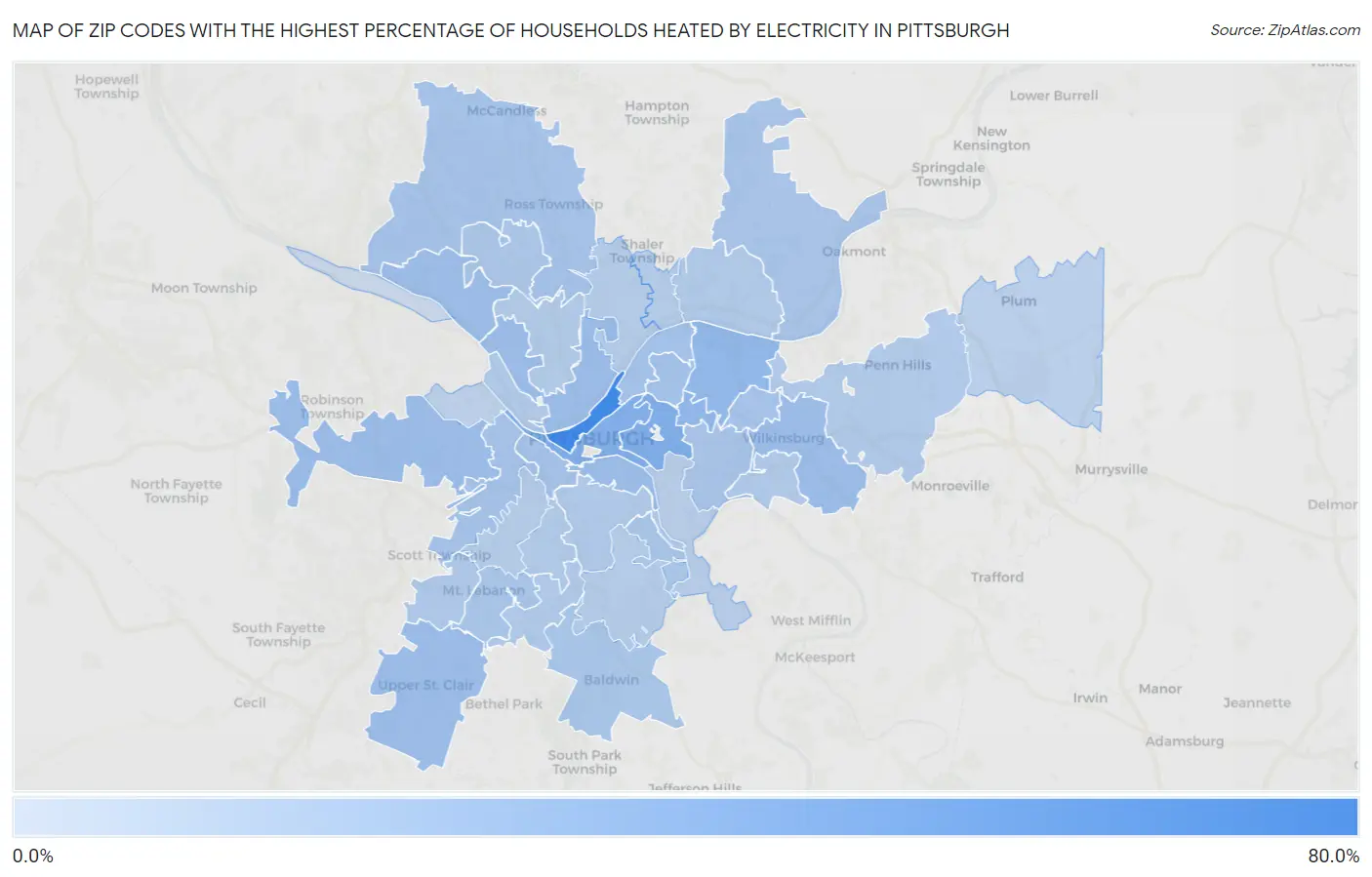 Zip Codes with the Highest Percentage of Households Heated by Electricity in Pittsburgh Map