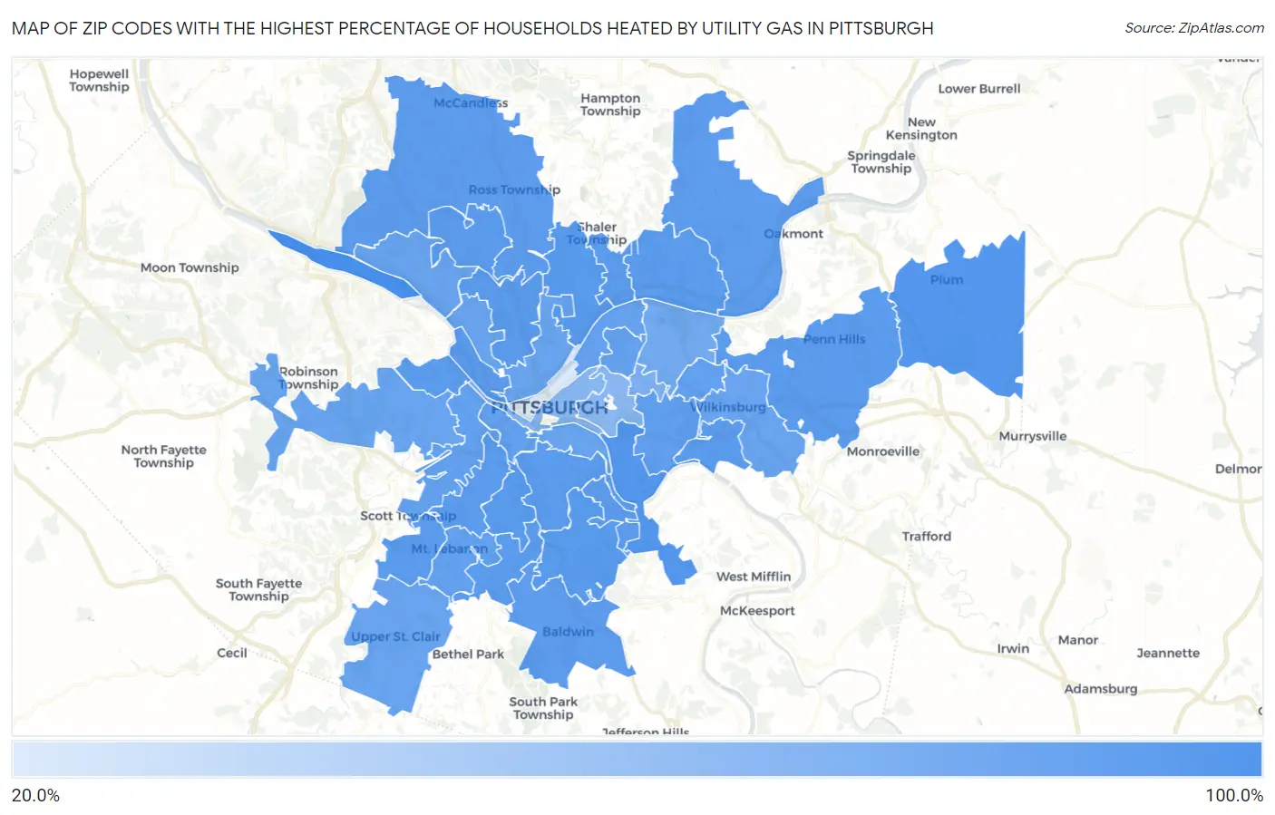 Zip Codes with the Highest Percentage of Households Heated by Utility Gas in Pittsburgh Map