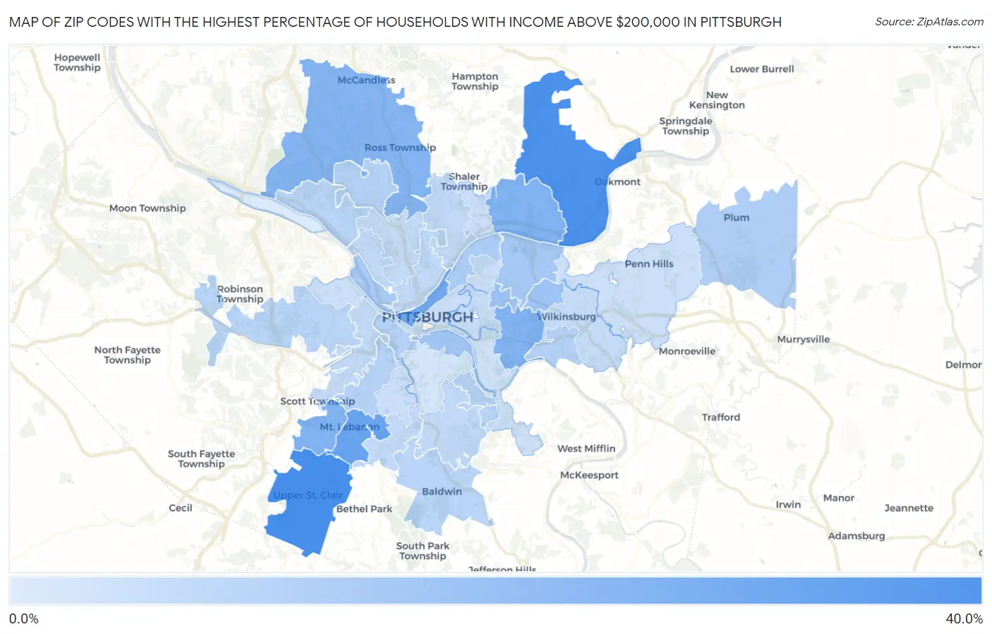 Zip Codes with the Highest Percentage of Households with Income Above $200,000 in Pittsburgh Map
