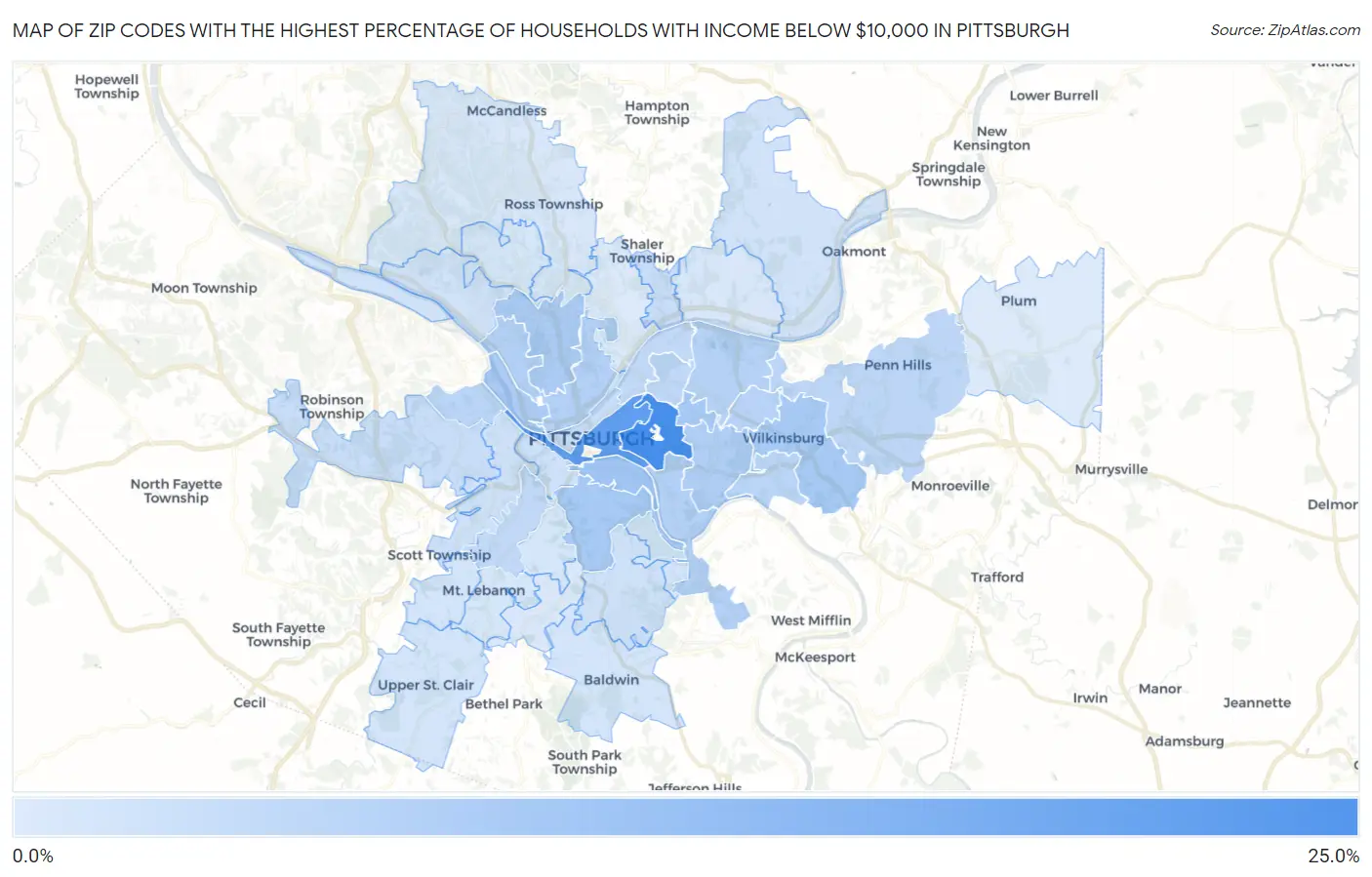 Zip Codes with the Highest Percentage of Households with Income Below $10,000 in Pittsburgh Map