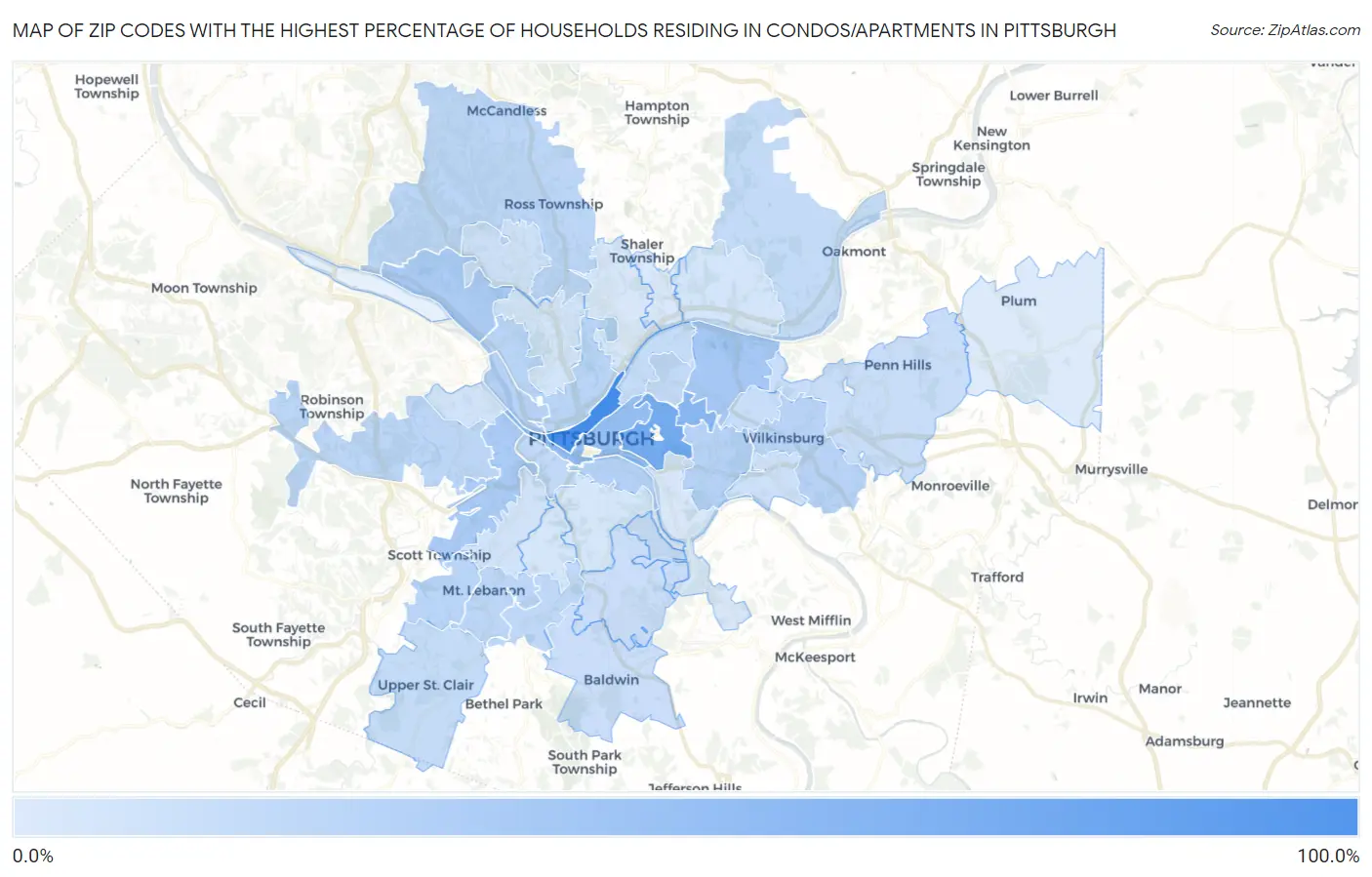 Zip Codes with the Highest Percentage of Households Residing in Condos/Apartments in Pittsburgh Map