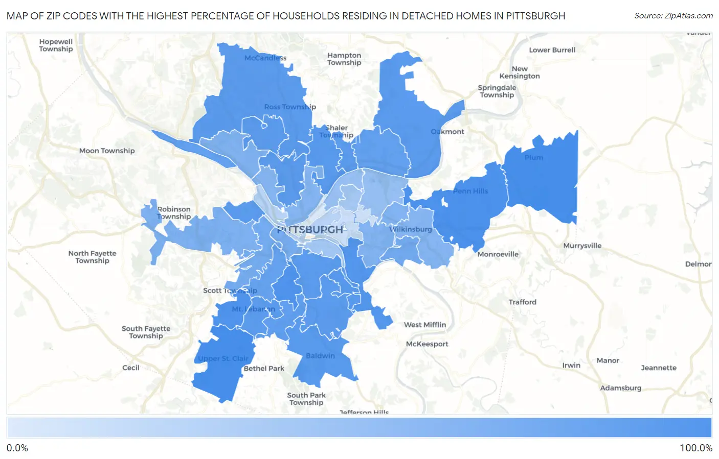 Zip Codes with the Highest Percentage of Households Residing in Detached Homes in Pittsburgh Map
