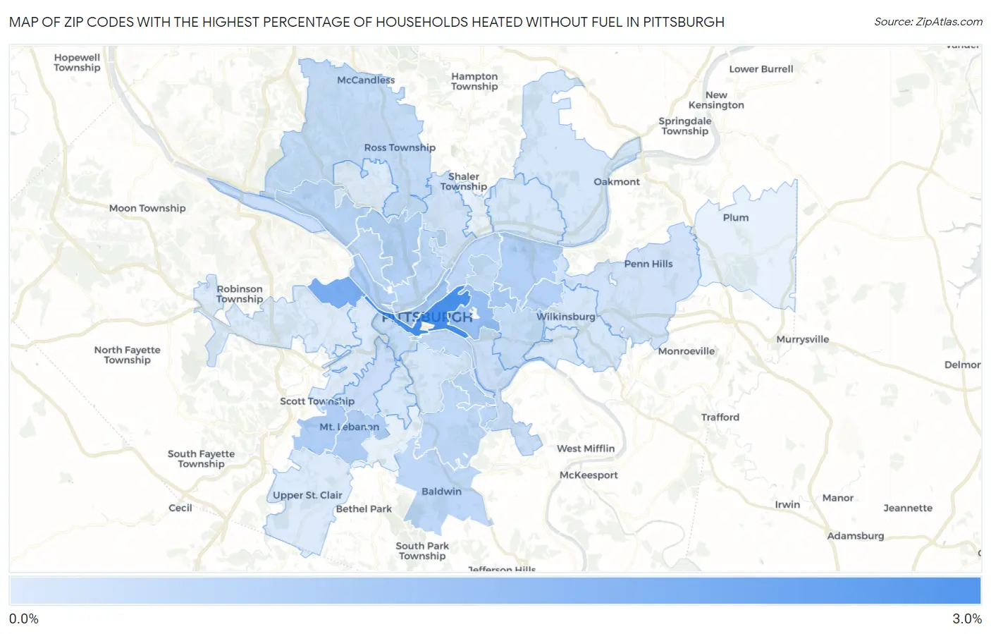Zip Codes with the Highest Percentage of Households Heated without Fuel in Pittsburgh Map