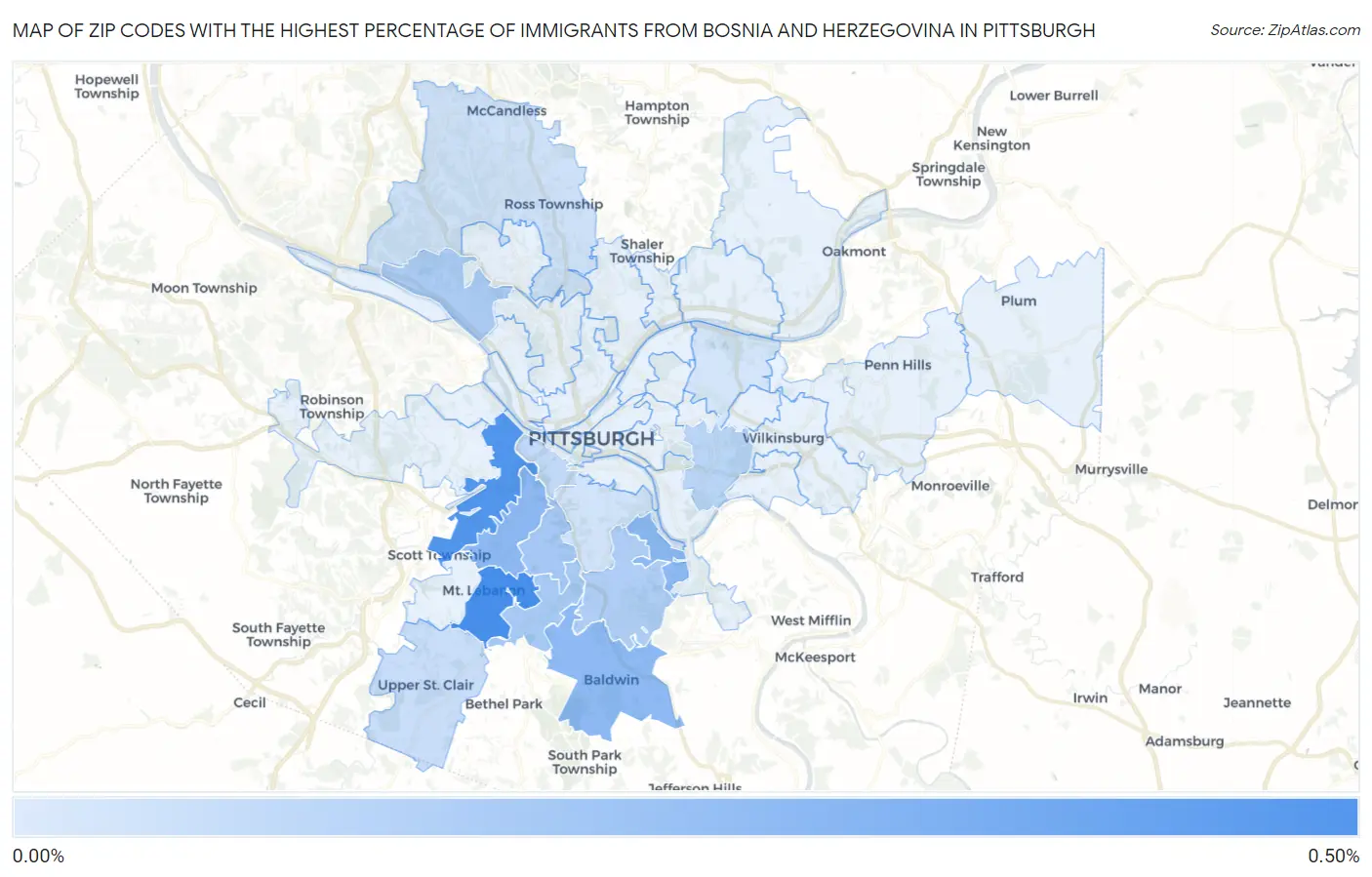 Zip Codes with the Highest Percentage of Immigrants from Bosnia and Herzegovina in Pittsburgh Map