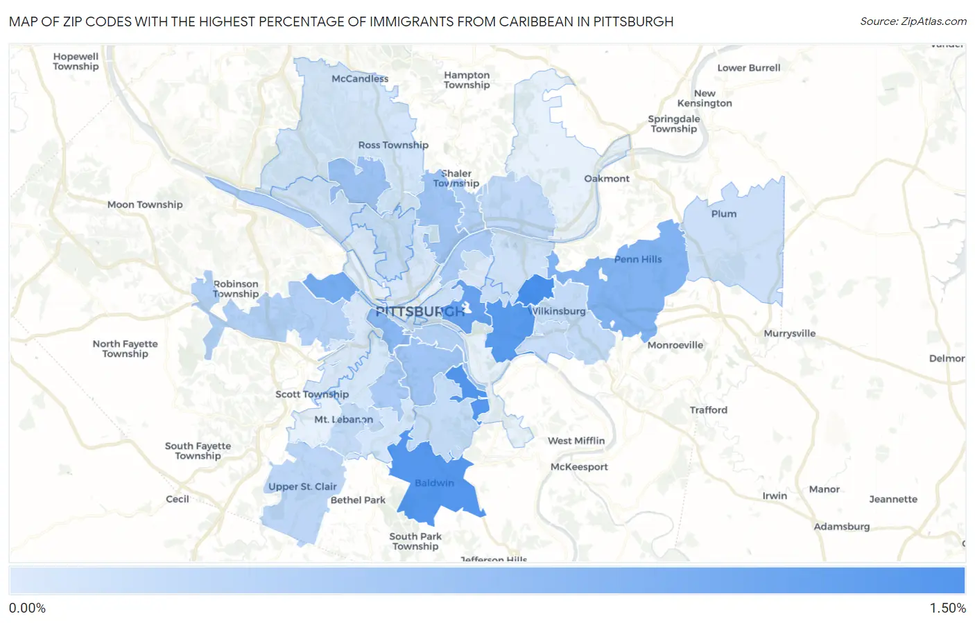 Zip Codes with the Highest Percentage of Immigrants from Caribbean in Pittsburgh Map