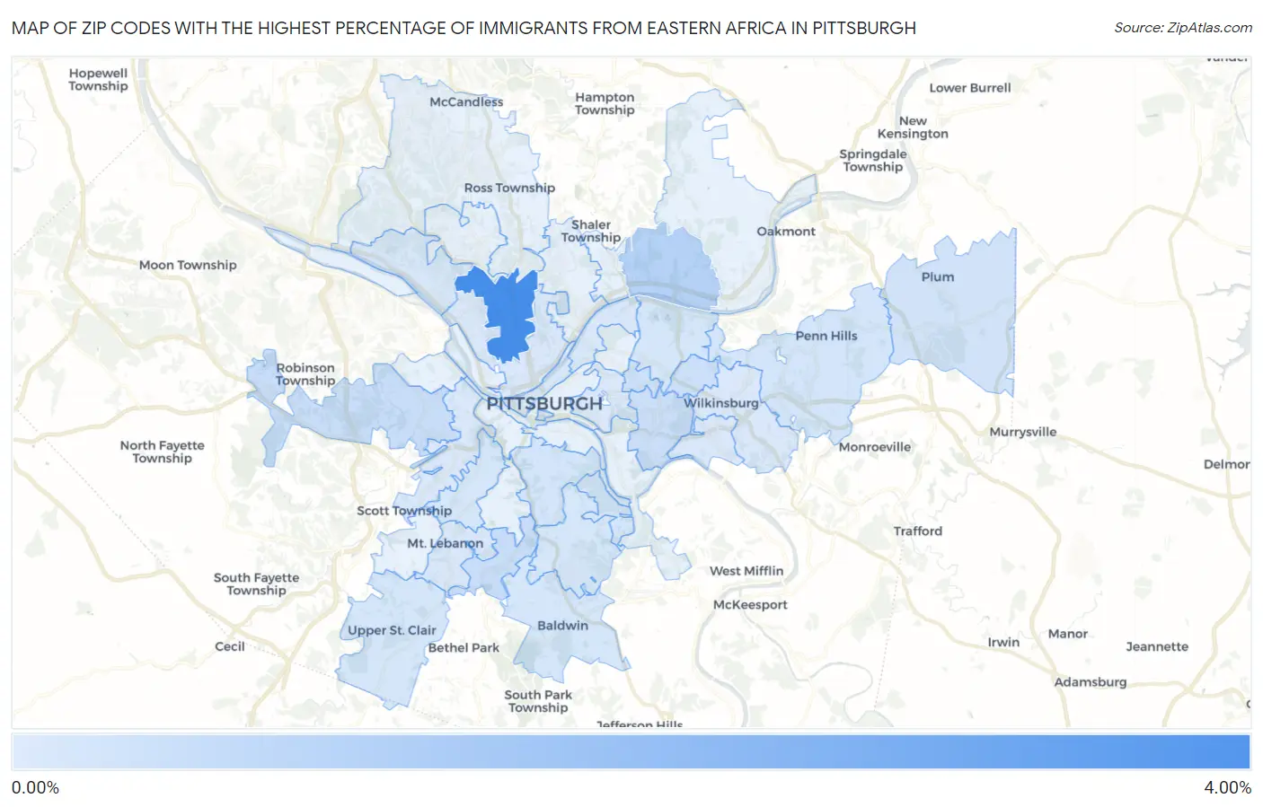 Zip Codes with the Highest Percentage of Immigrants from Eastern Africa in Pittsburgh Map