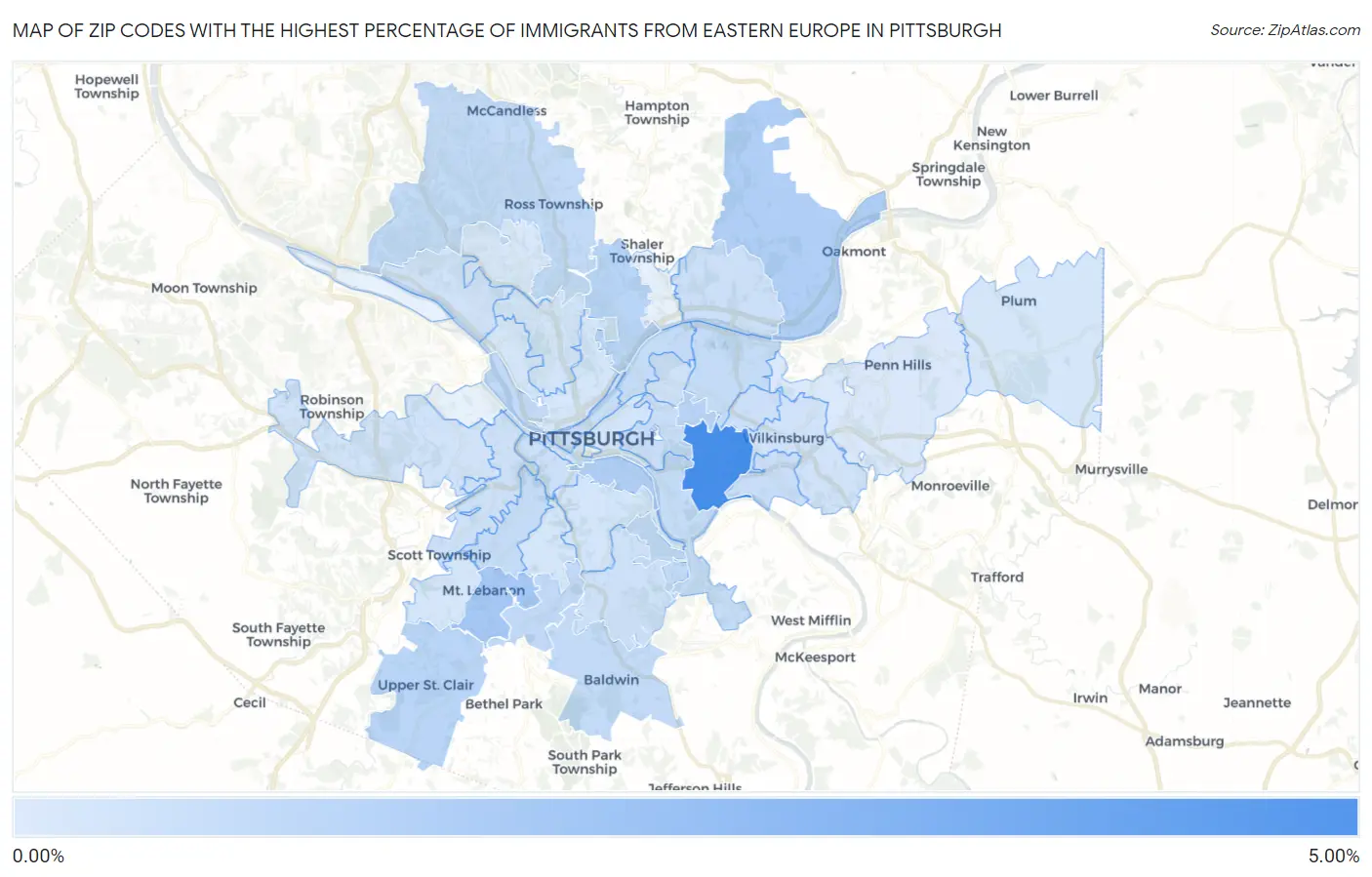 Zip Codes with the Highest Percentage of Immigrants from Eastern Europe in Pittsburgh Map
