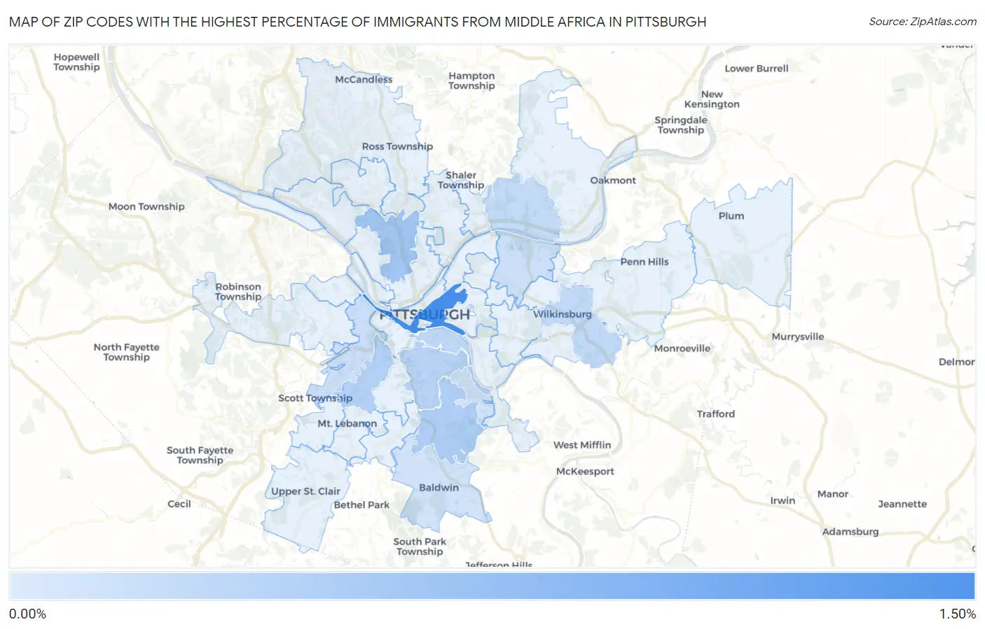 Zip Codes with the Highest Percentage of Immigrants from Middle Africa in Pittsburgh Map