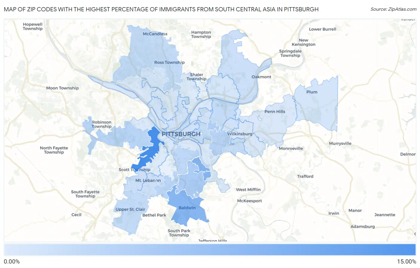 Zip Codes with the Highest Percentage of Immigrants from South Central Asia in Pittsburgh Map