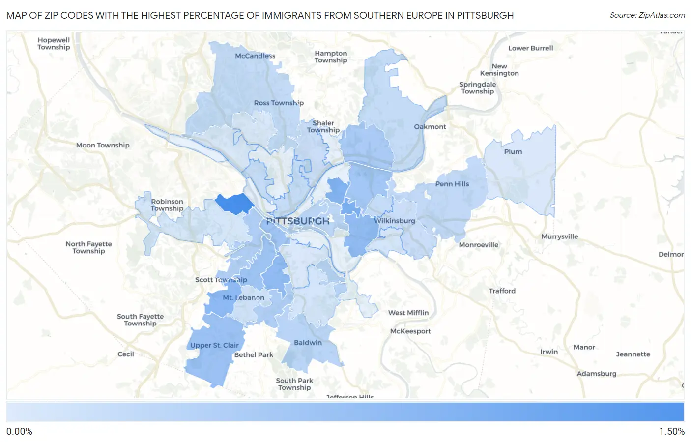 Zip Codes with the Highest Percentage of Immigrants from Southern Europe in Pittsburgh Map